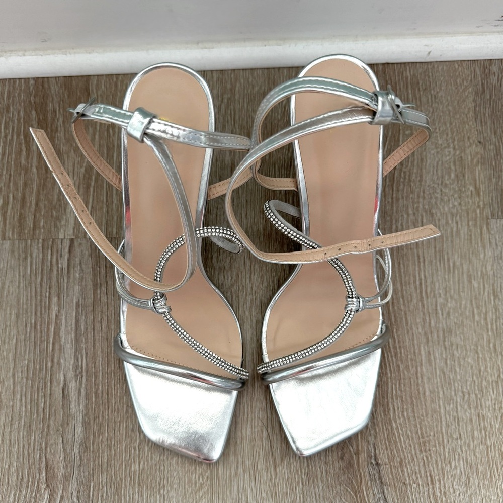 Silver Metallic Strappy Sandal with Rhinestone Detail